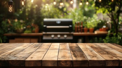 Poster - Empty wooden tabletop with blurred barbecue grill and garden background