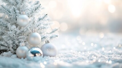 Poster - Minimalistic Christmas scene with a white tree and delicate silver ornaments set against a soft bright background