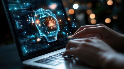 Poster - man using laptop for searching of technology smart open ai or artificial intelligence using an artif