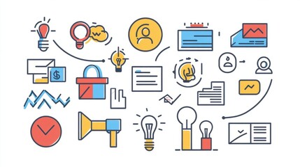 Poster - Management web icons in line style. Media, teamwork, business, planning, strategy, marketing. Vector illustration.