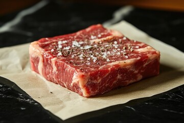 Wall Mural - Raw seasoned beef steak resting on parchment paper before cooking