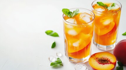 Wall Mural - Summer cold peach fizz cocktail or iced tea with mint. Two glasses with peach lemonade on white background. Summer refreshing drink recipe. Homemade fruit tea with ice. Restaurant menu. Copy space 