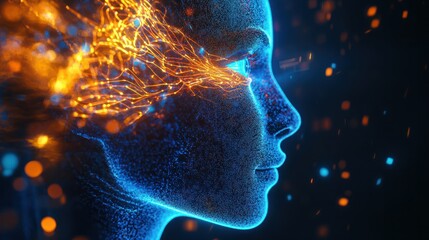 Poster - Side view of a humanoid head with blue and yellow eyes and vibrant neon neural network, representing futuristic technology and artificial intelligence. Generative AI
