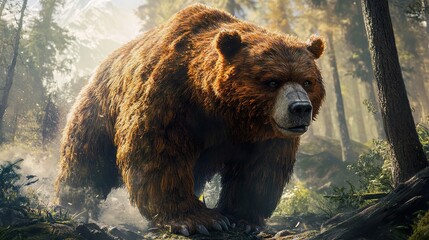 Poster - Majestic Grizzly Bear in a Sunlit Forest