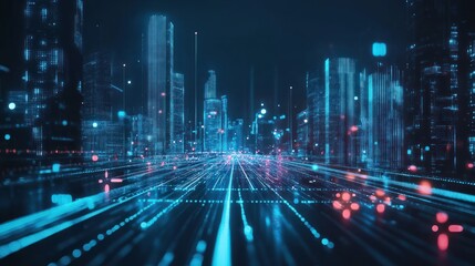 Poster - traffic in the city, Business graph waves and technology graph, Abstract blue technology background with a cyber network grid and connected particles, digital connectivity with abstract, Ai.