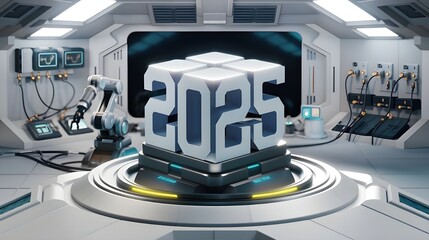 2025, a futuristic vision of innovation and AI artificial intelligence, highlighting the role of robots and technology, new year machine development for business goals