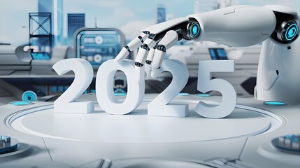 2025, a futuristic vision of innovation and AI artificial intelligence, highlighting the role of robots and technology, new year machine development for business goals