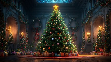 Poster - Vibrant green Christmas tree with a star on top surrounded by colorful ornaments and a beautifully decorated background