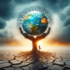 Human hand holding earth. Leafless tree dry , cracked land surface Global Warming nature disaster concept.