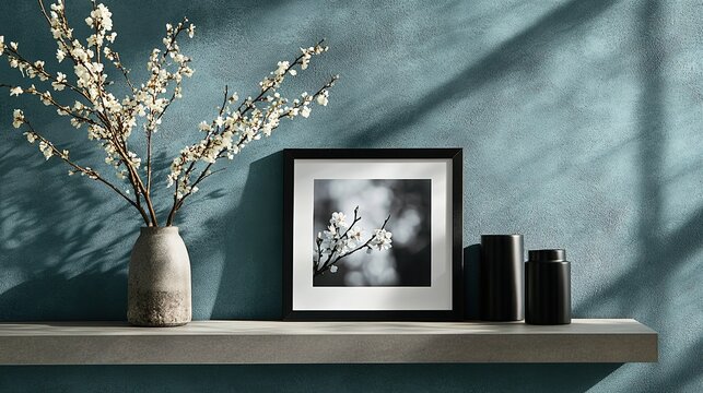 A stylish photo frame with a sleek and modern design, showcasing a black-and-white photograph on a shelf