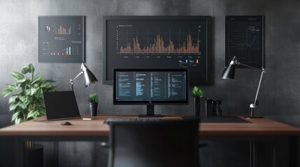Poster - Workplace 3d render. Business and finance analytics theme.