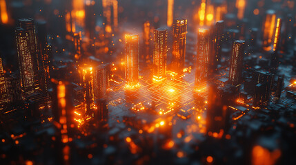 Wall Mural - A cityscape with buildings lit up in orange and yellow