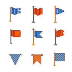 Poster - cartoon different color pixelated flags icons set. vector illustration of wavy flag icon for game or