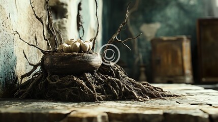 Poster - Close Up of Dry Roots and Branches in a Rustic Setting