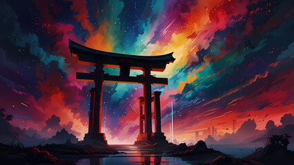 The silhouette of a Torii gate surrounded by abstract shapes and vivid colors, with swirling clouds and fragmented light beams in the background