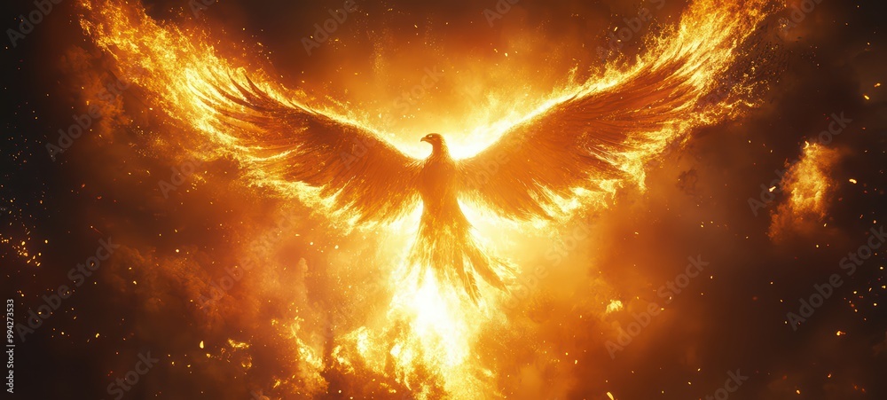 Phoenix Rises Again An illustration of a phoenix rising from the ashes, with its wings ...