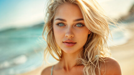 The image is a close-up of a woman with blonde hair, wearing a light blue tank top, sitting on a beach.