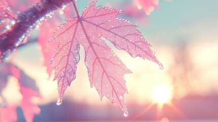 Sticker -   A leaf's close-up, with sunlight behind, features water droplets