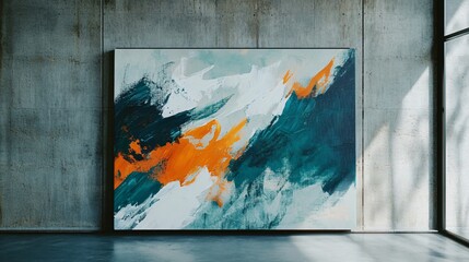 A large abstract canvas with dynamic brushstrokes of teal, orange, and white, displayed against an exposed concrete wall in an urban loft space