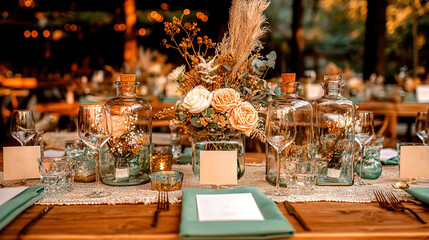 Wall Mural -  A table adorned with an array of vases brimming with vibrant blossoms, accompanied by a few bottles positioned atop it