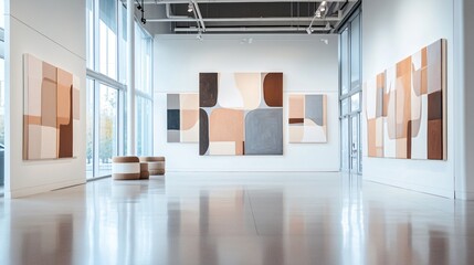 Wall Mural - A series of abstract canvases with geometric patterns in muted colors, displayed in a sleek, modern gallery with high ceilings and natural light