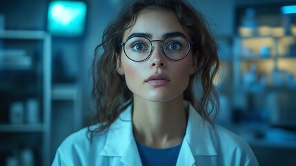 Canvas Print - female scientist wearing a lab coat and glasses, dedicated to research and innovation in the laboratory, with a focus on medical science and technology