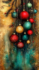 Wall Mural -   A Christmas tree painting with ornaments on its branches and a blue sky in the background