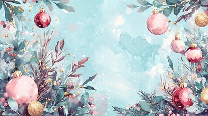 Canvas Print -   Watercolor Christmas ornaments and greenery on blue background with gold and pink baubles