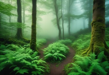 misty forest landscape featuring lush green eerie majestic soft natural light serene environment, foliage, trees, fog, nature, beauty, wilderness, shadows