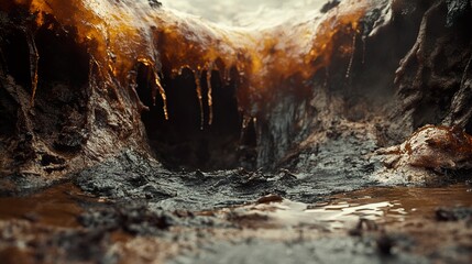 Wall Mural - close-up of dripping mud in a dark environment