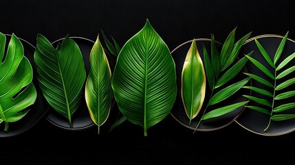 Canvas Print -   A plate array showcasing various shades of green foliage atop a dark surface against a dark backdrop