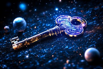 Wall Mural - An ancient key floating in space, its intricate design formed by celestial patterns, with stars and planets orbiting around it