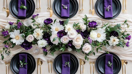 Wall Mural -  Purple and white plates adorn a table top, surrounded by green foliage and purple wall decorations