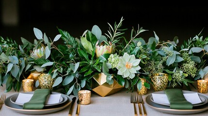 Wall Mural -   A close-up of a table with plates, cutlery, and a vase of flowers on one side