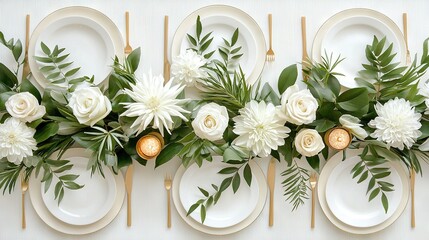 Wall Mural -  A white-topped table adorned with green flowers and surrounded by a row of gold-rimmed white plates