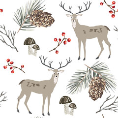 Wall Mural - christmas seamless pattern, deer animals, pine twigs, cones, red berries, mushrooms, white backgroun