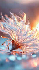 Wall Mural -   A zoomed-in photo of a pure white blossom resting on a dark blue canvas, surrounded by a radiant yellow sun and shimmering dewdrops adorning its