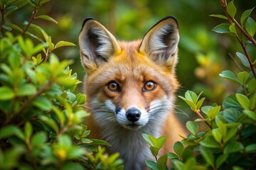 Poster - Red fox peeking out from behind bush