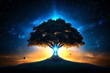Wall Mural - An ancient tree in the center of the universe, its roots made of time itself, stretching out to touch distant stars and planets