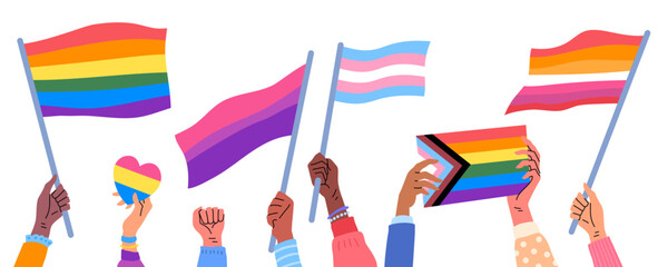 Poster - cartoon color human hands hold lgbt progressive, lesbian and bisexual flags set concept flat design 
