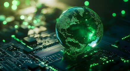 Green glass globe on a technology, with green glowing lights, representing the tech world and a futuristic, eco-friendly concept for sustainable technology and global environmental protection.