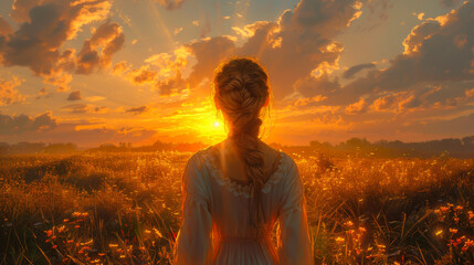 Wall Mural - A woman stands in a field of red flowers, looking out at the sunset. The scene is serene and peaceful, with the woman's long hair blowing in the wind. The sun is setting in the distance