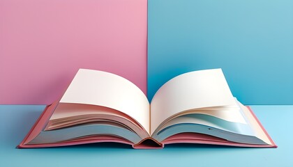 Wall Mural - Pastel Book Open on Pink and Blue Background Offering a Colorful Canvas for Creativity and Inspiration