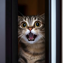 Surprised cat with wide eyes and open mouth, funny feline expression captured through a door gap. Perfect for humorous pet content, social media posts, and meme creation, showcasing the playful 