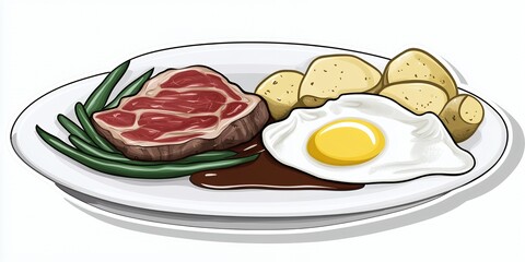 Wall Mural - A plate of steak, potatoes, green beans, and a fried egg.