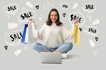 Poster - Young woman with laptop and shopping bags on grey background. Black Friday sale