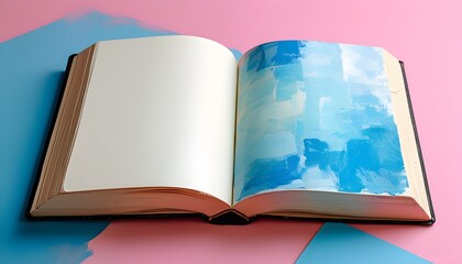 Wall Mural - Pastel Book Open on Pink and Blue Background Offering a Colorful Canvas for Creativity and Inspiration