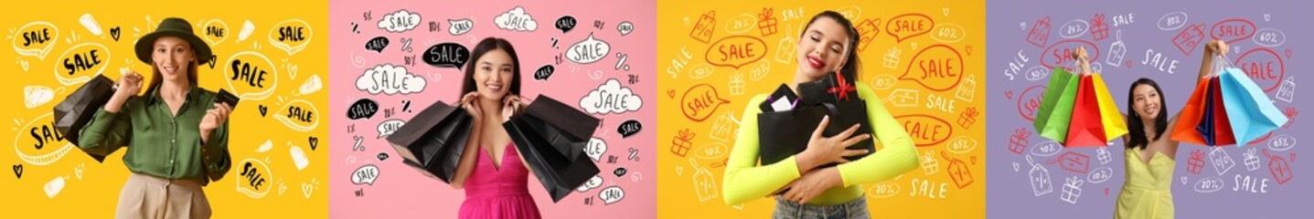 Sticker - Set of young women with shopping bags on color background. Black Friday sale