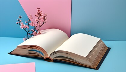 Sticker - Pastel Book Open on Pink and Blue Background Offering a Colorful Canvas for Creativity and Inspiration