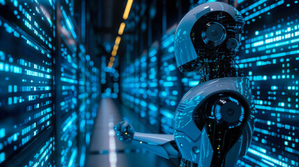 Poster - A humanoid robot engages with illuminated data panels in a high-tech server environment filled with glowing information streams.